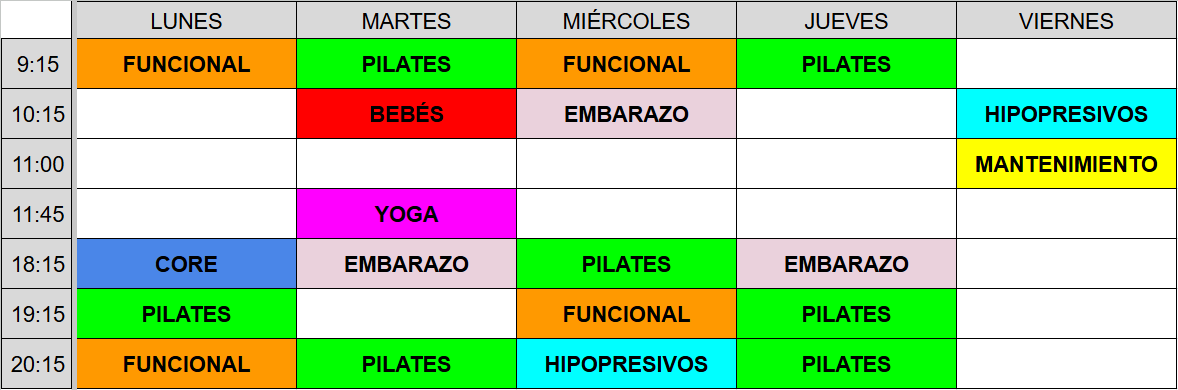Horarios clases grupales Horarios clases grupales